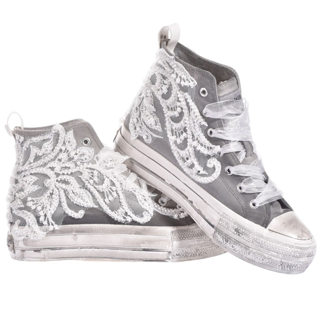Mimanera Grey Princess Handcrafted Pearl Platform Sneakers
