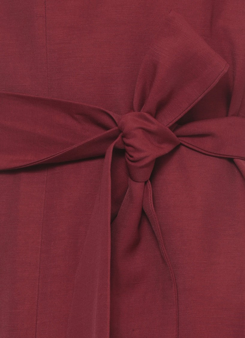 Parosh Bordeaux Viscose And Linen Midi Dress With Matching Belt