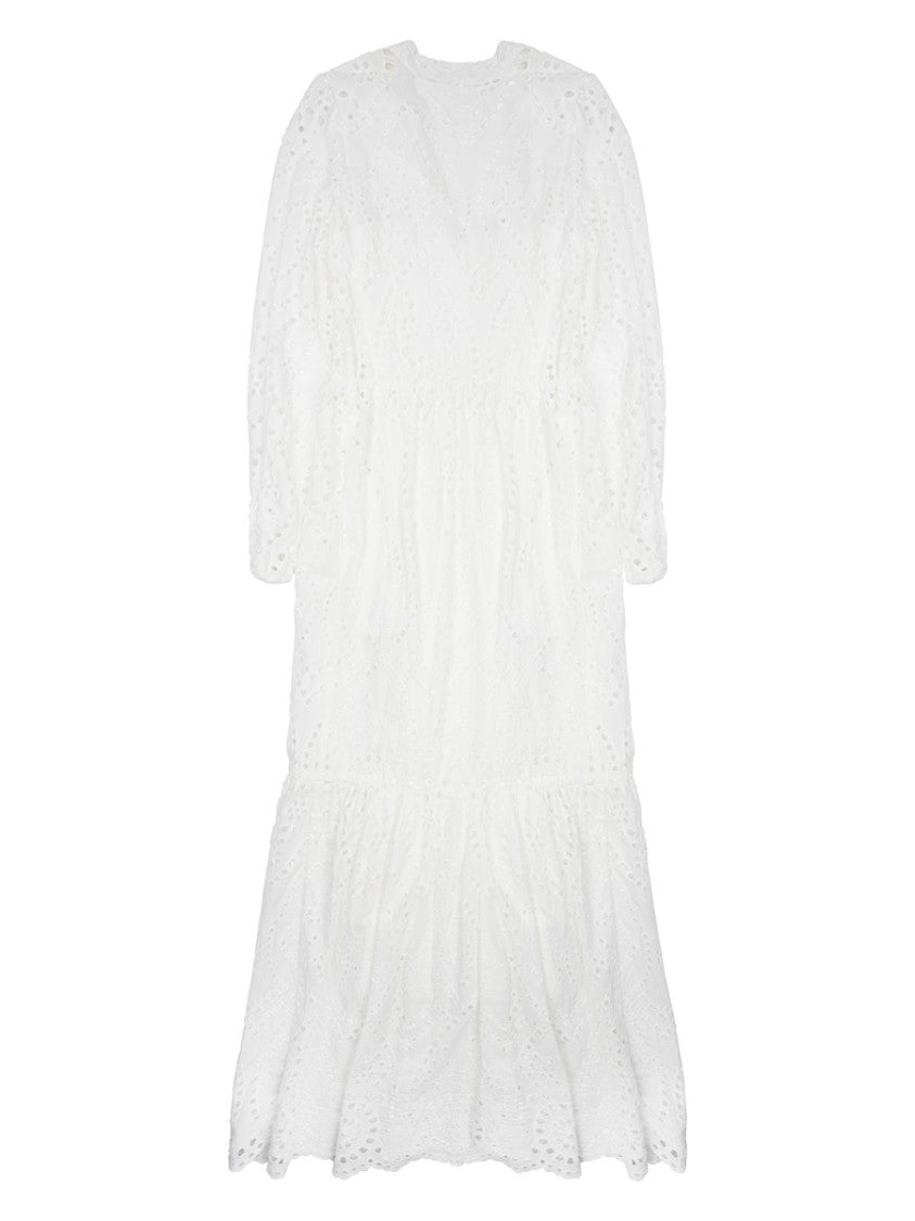 Mc2 Saint Barth Tiered White Midi Dress With Eyelet Pattern And Puff Sleeves