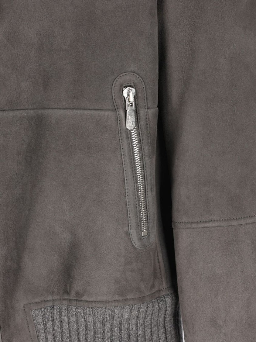 Brunello Cucinelli Brown Zip-Up Sheepskin Collar Bomber Jacket