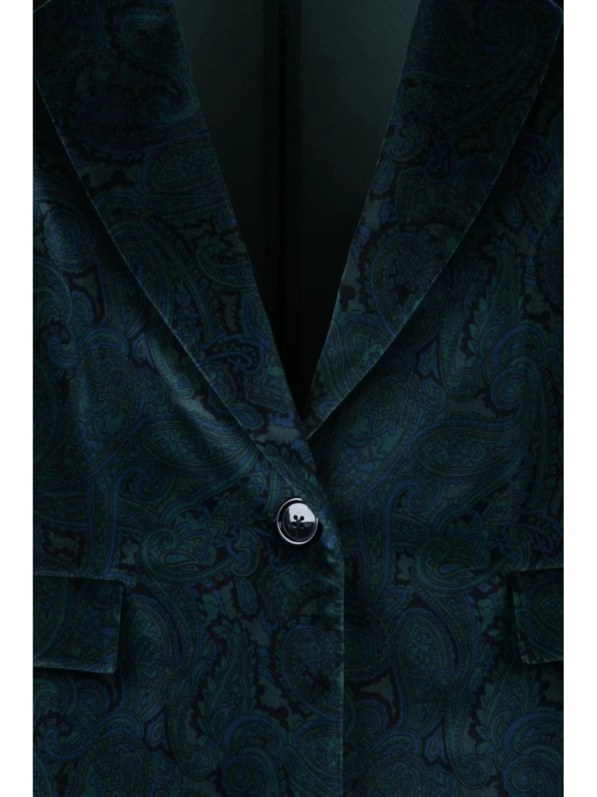 Circolo 1901 Bottle Green Velvet Jacket With Paisley Pattern And Cropped Silhouette