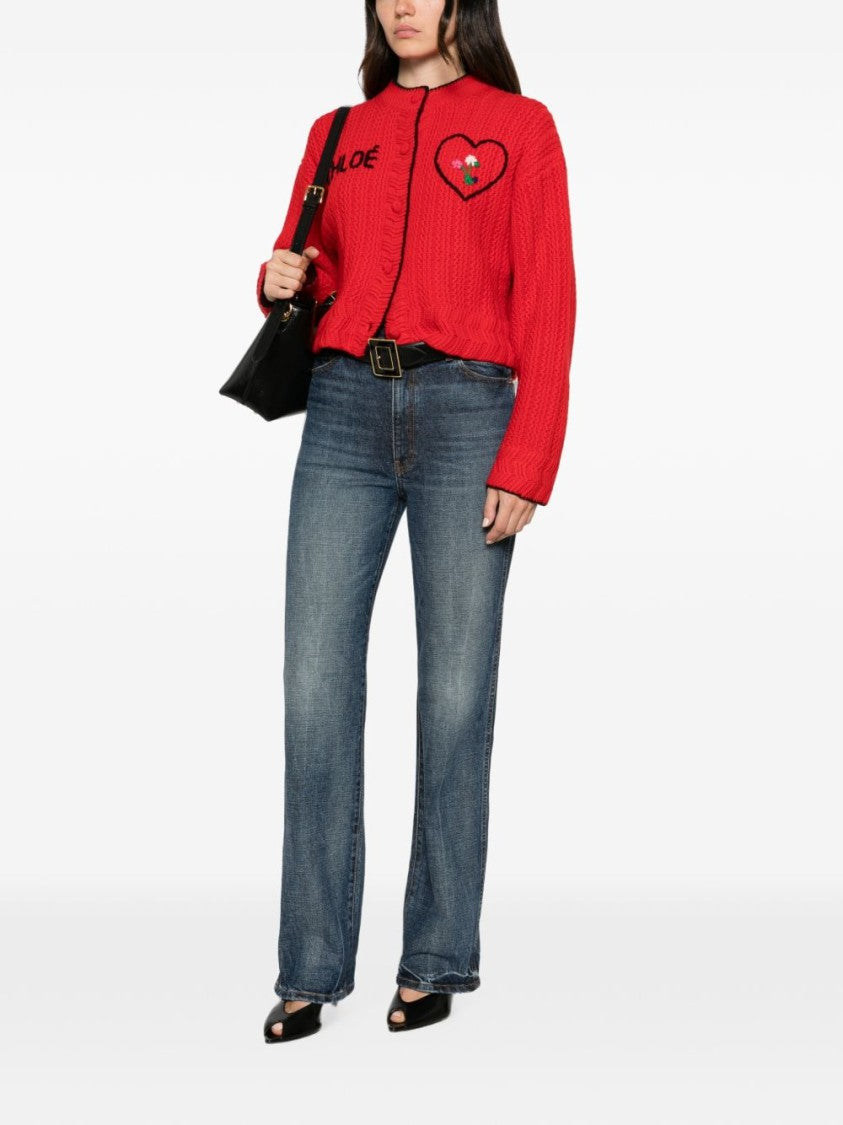 Chloé Cropped Textured Knit Embroidered Cardigan