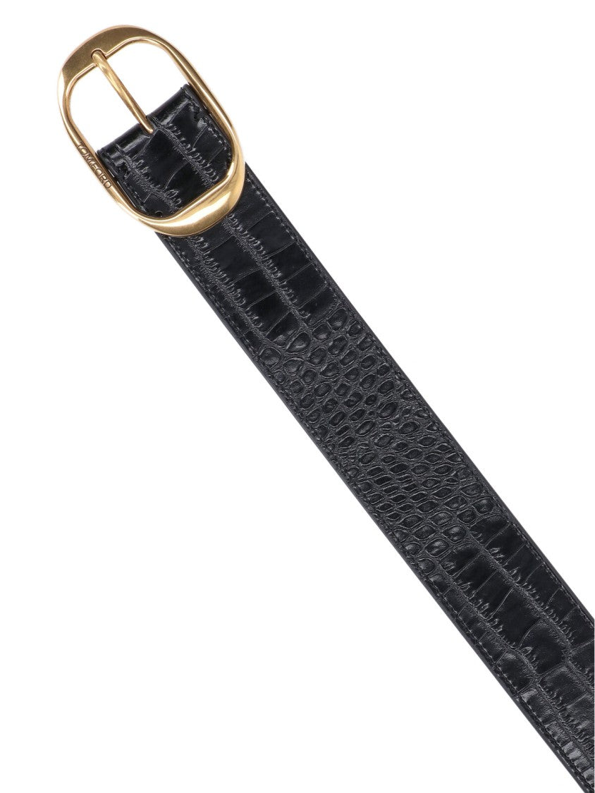 Tom Ford Crocodile-Embossed Calf Leather Belt With Gold-Tone Buckle