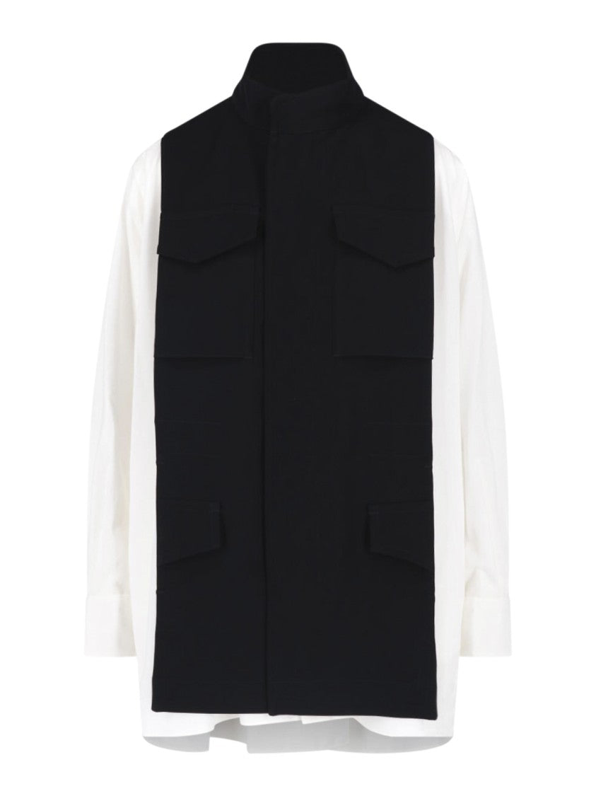 Sacai Maxi Shirt In Black And White Crepe Satin