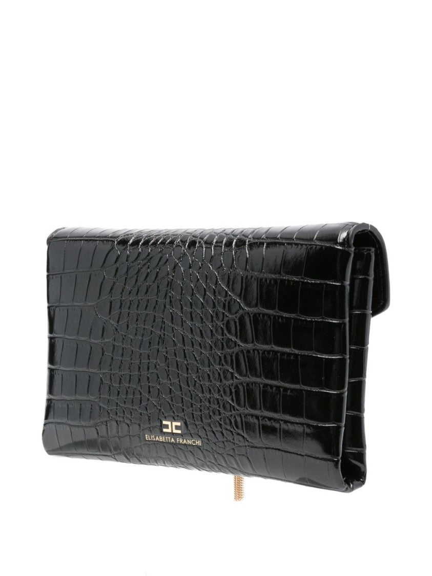 Elisabetta Franchi Glossy Black Crocodile-Embossed Clutch