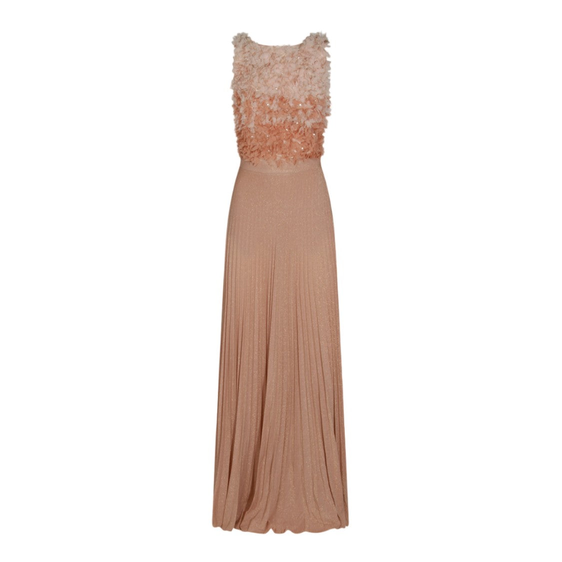 Elisabetta Franchi Maxi Dress With Textured Floral Appliqués And Pleated Skirt