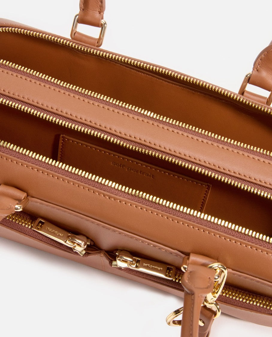 Self-Portrait Tan Leather Baguette Shoulder Bag With Charm