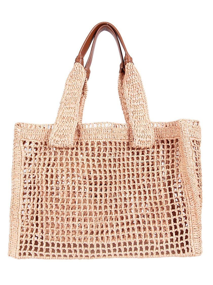 Chloé Grid-Pattern Raffia Tote Bag With Leather Accents