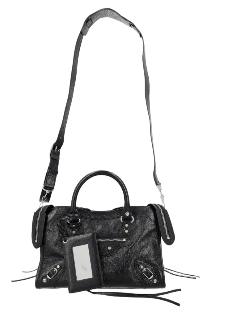 Balenciaga Compact Black Leather Shoulder Bag With Textured Finish
