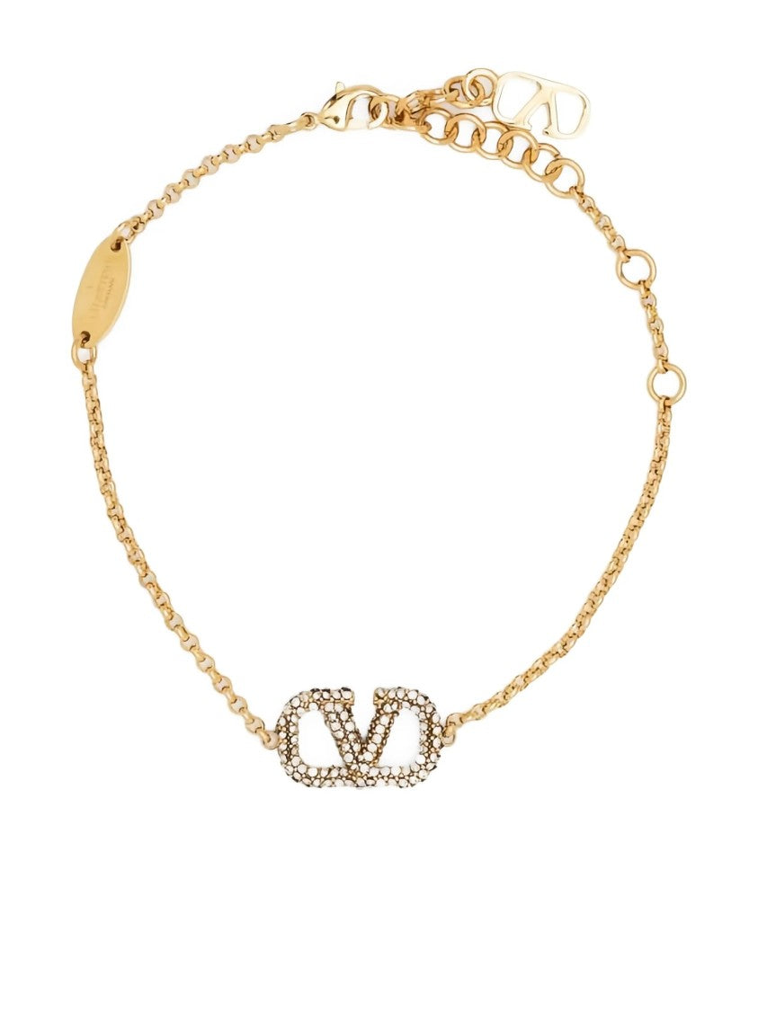 Valentino Gold V-Logo Crystal Embellished Chain Bracelet
