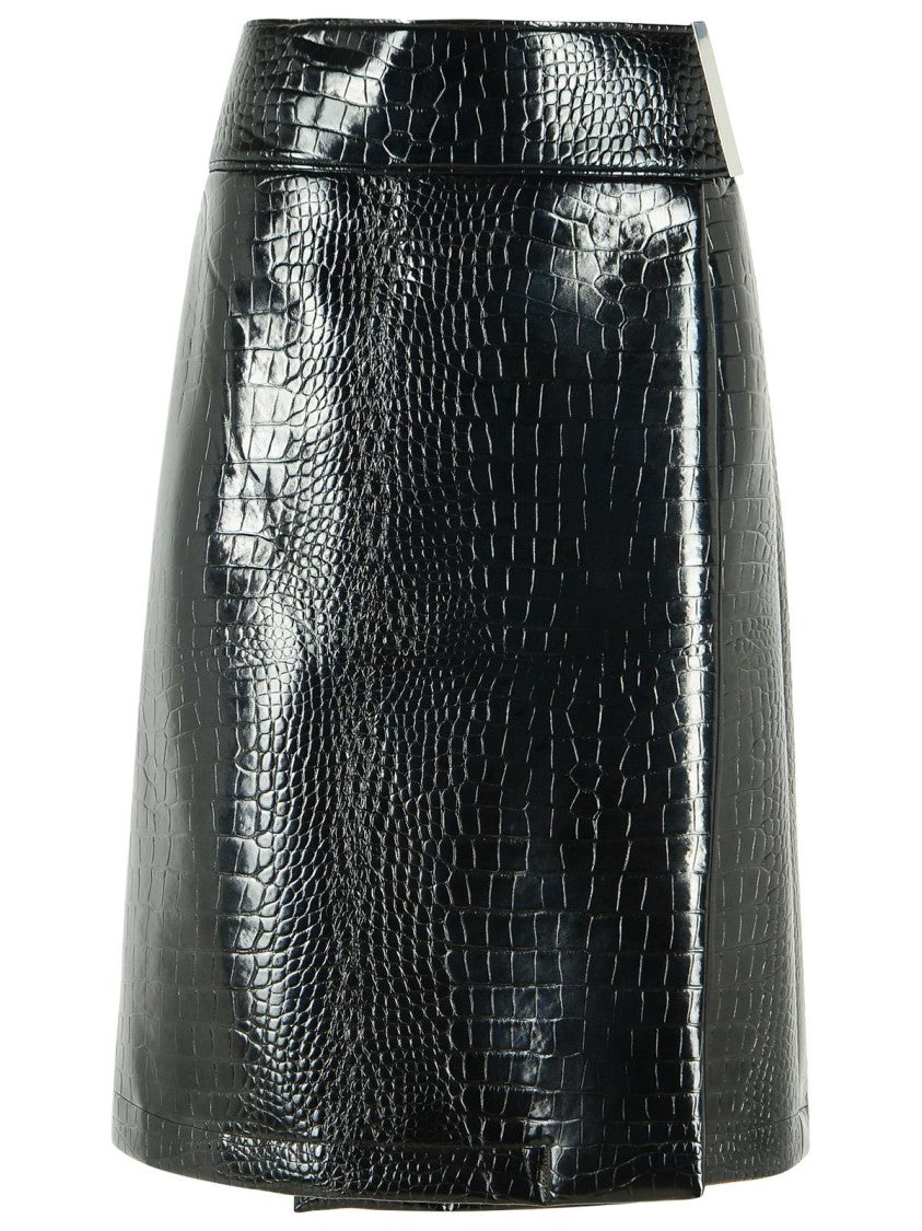 Sportmax Longuette Skirt With Black Crocodile Print In Patent Leather