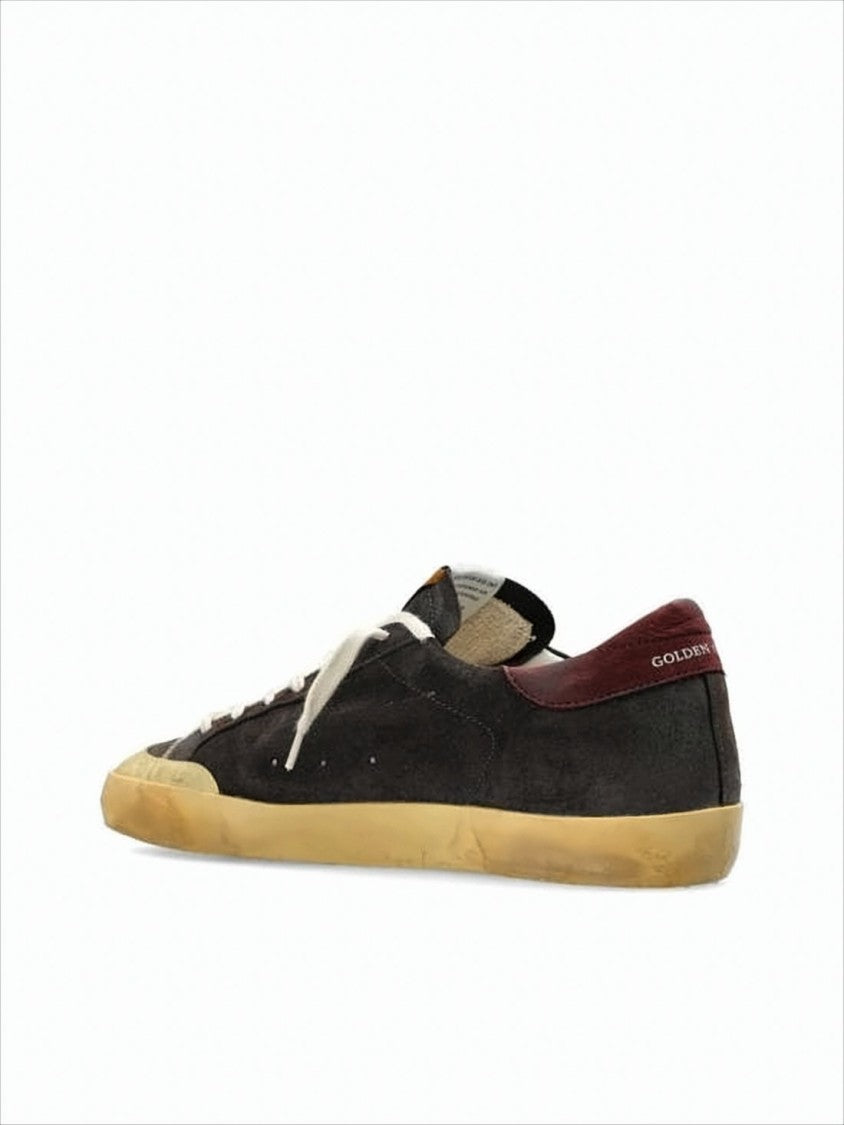 Golden Goose Distressed Black Suede Sneakers With Burgundy Heel Tab
