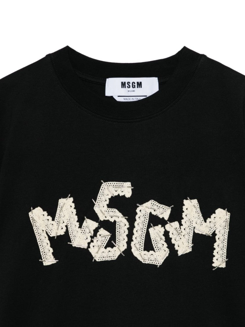 Msgm Short-Sleeved T-Shirt With Lace Detail And Round Neckline