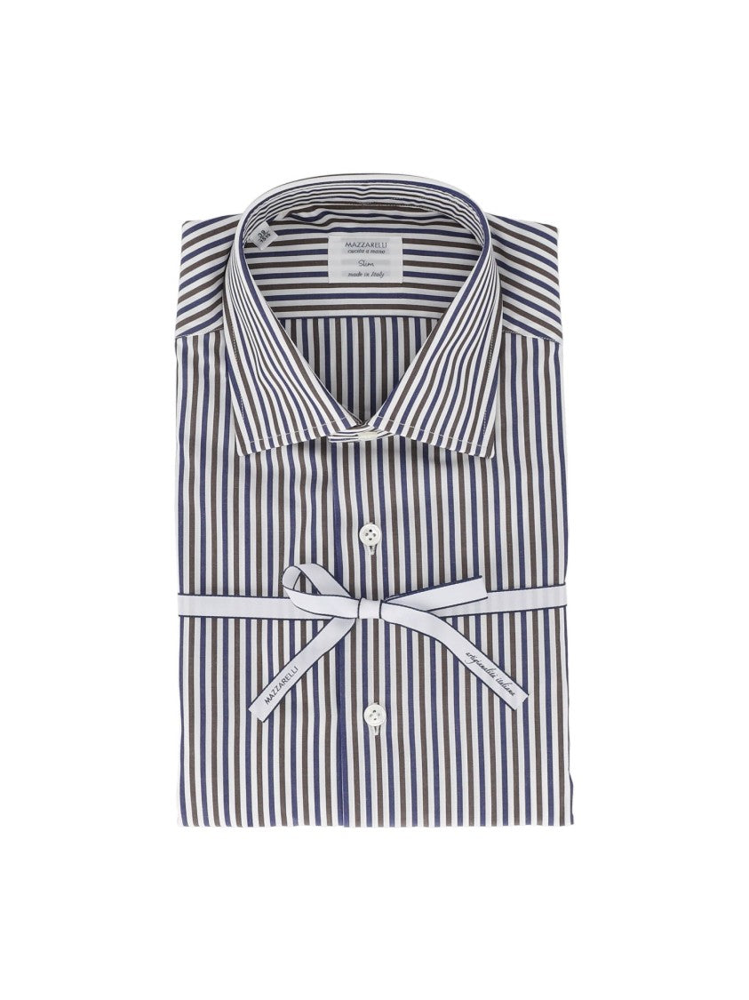 Mazzarelli Camicie Blue White Brown Striped Slim-Fit Cotton Shirt
