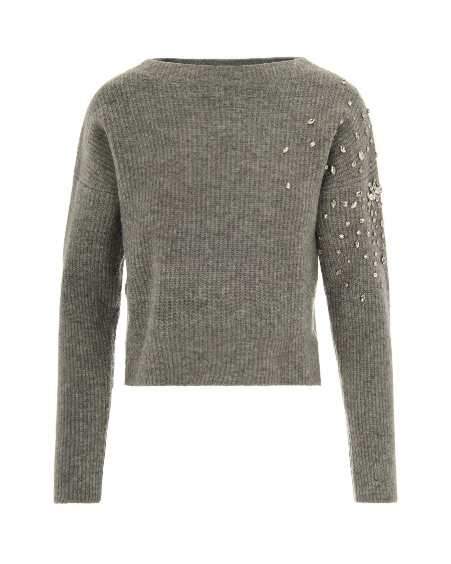 Liu Jo Grey Wool Sweater With Rhinestones