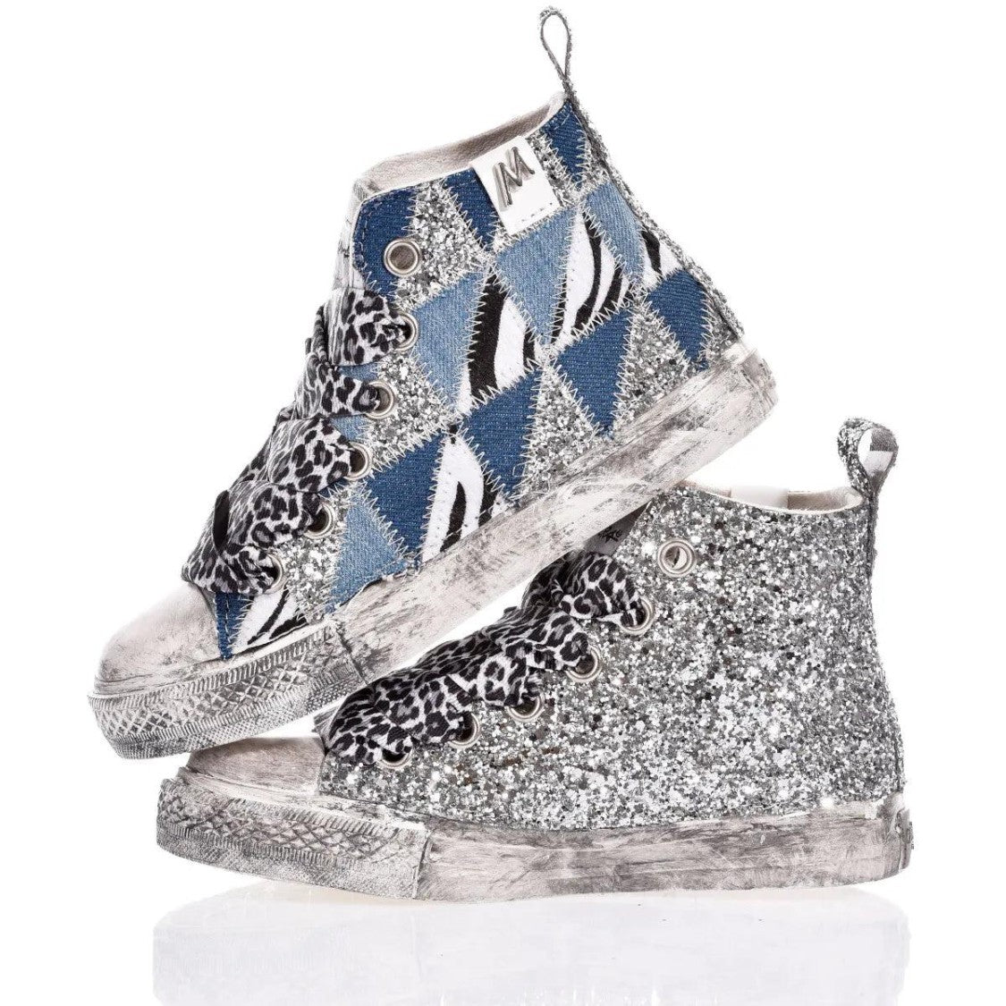 Mimanera Handmade Denim Patch High-Top Sneakers With Leopard Laces