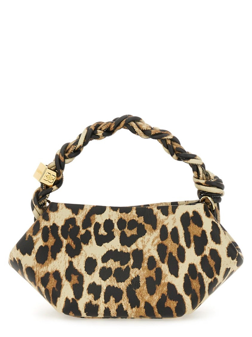 Ganni Leopard Print Mini Bou Bag With Braided Handle