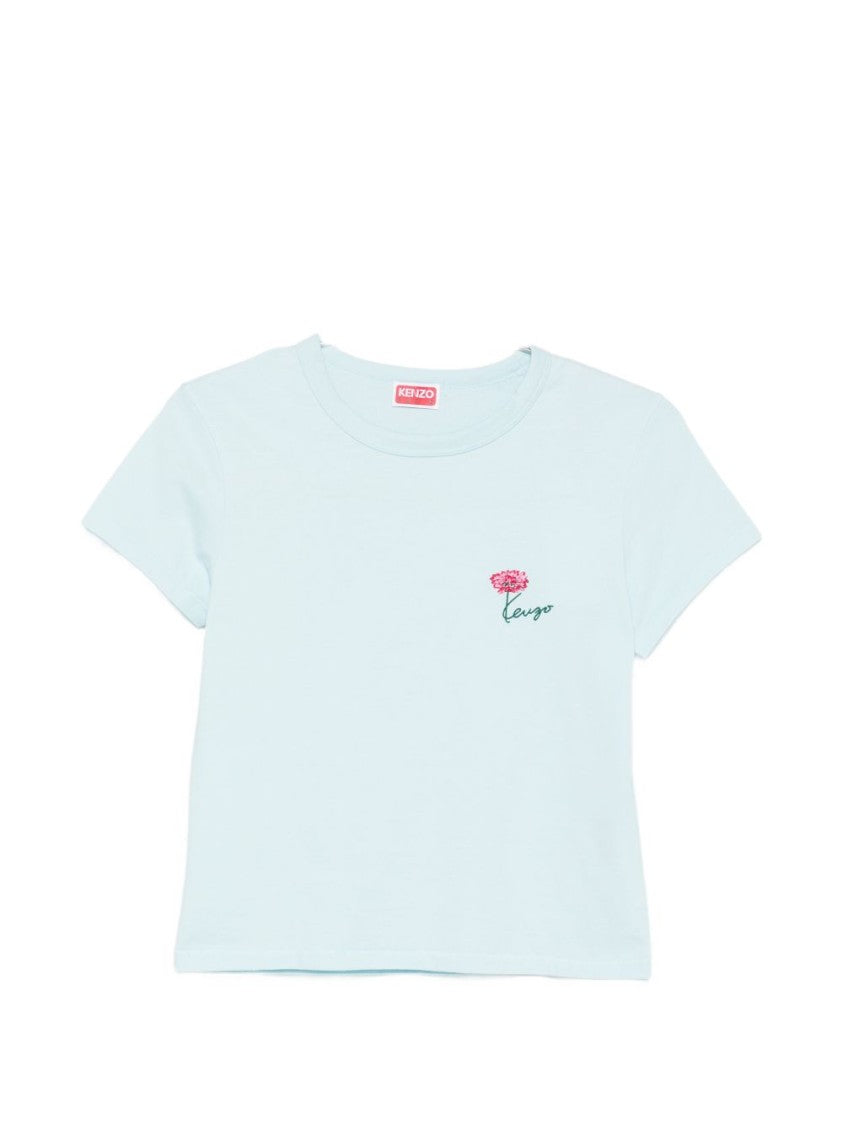 Kenzo Light Blue Flower Embroidery Crew Neck Top