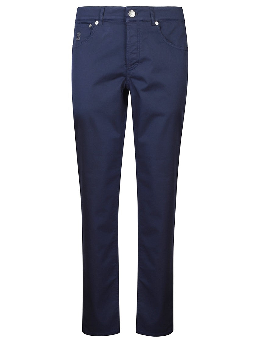 Brunello Cucinelli Blue Embroidered Logo Cotton Formal Pants