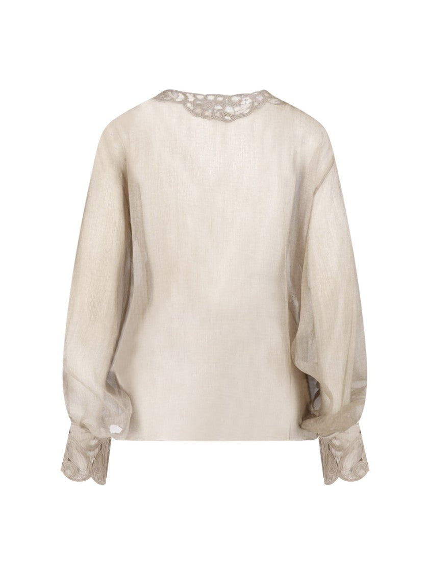 Ermanno Scervino Beige Deep V-Neck Floral Lace Blouse