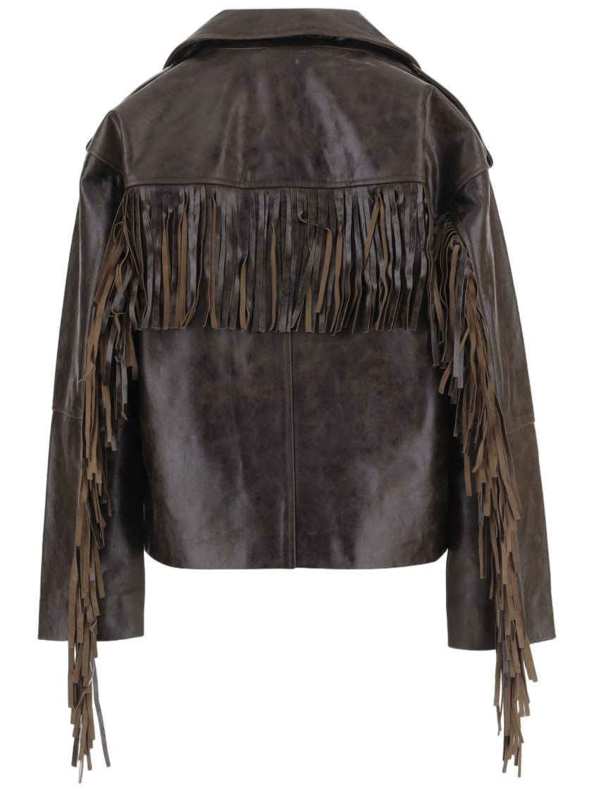 The Garment Fringed Brown Leather Jacket With Asymmetrical Zipper
