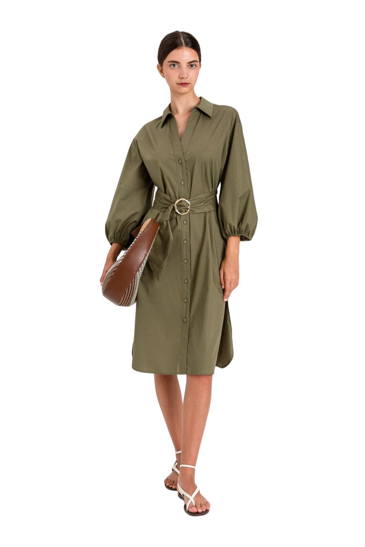 Twin-Set Puff Sleeves Circular Buckle Shirt-Style Dress