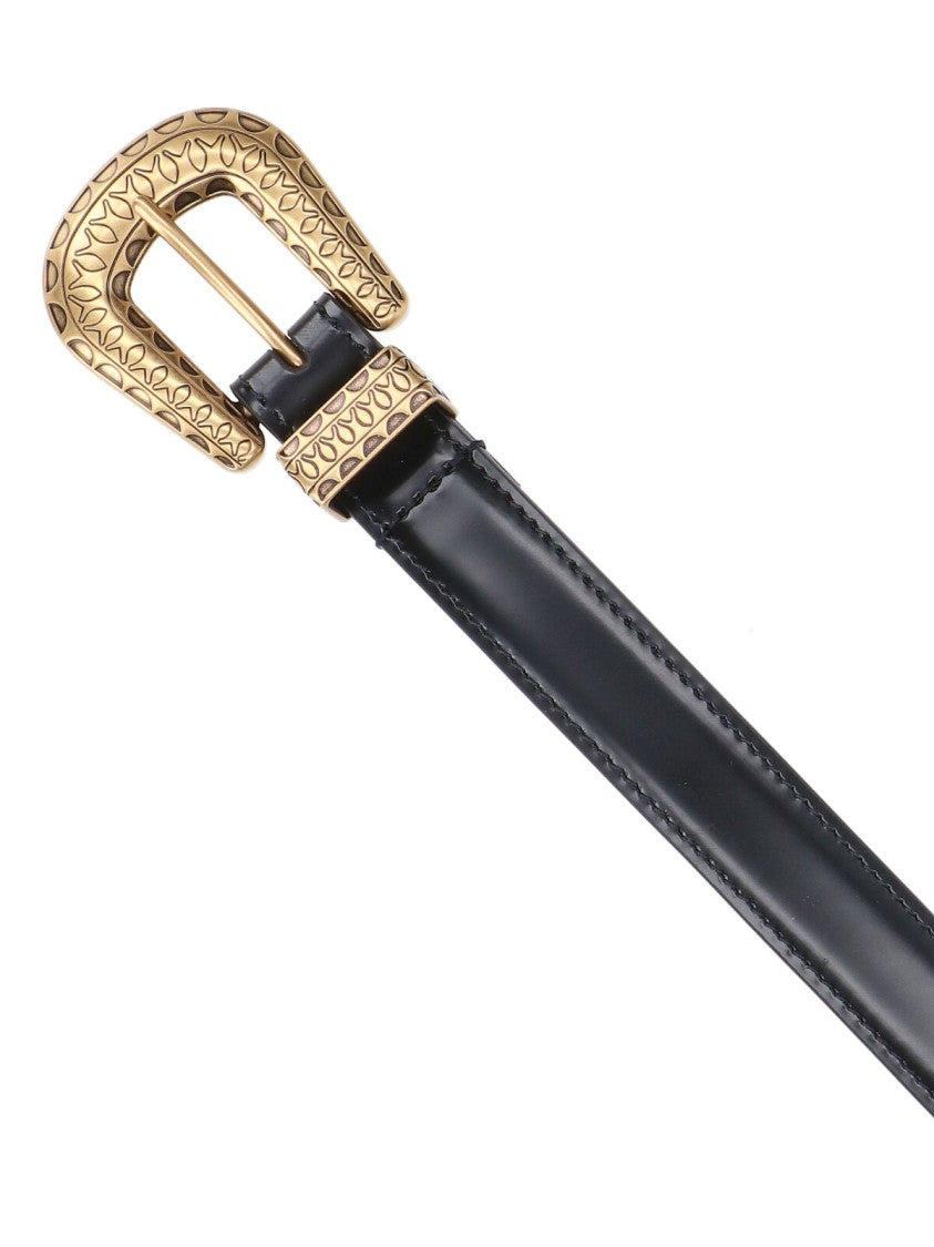 Valentino Garavani Smooth Leather Belt With Engraved Gold Buckle