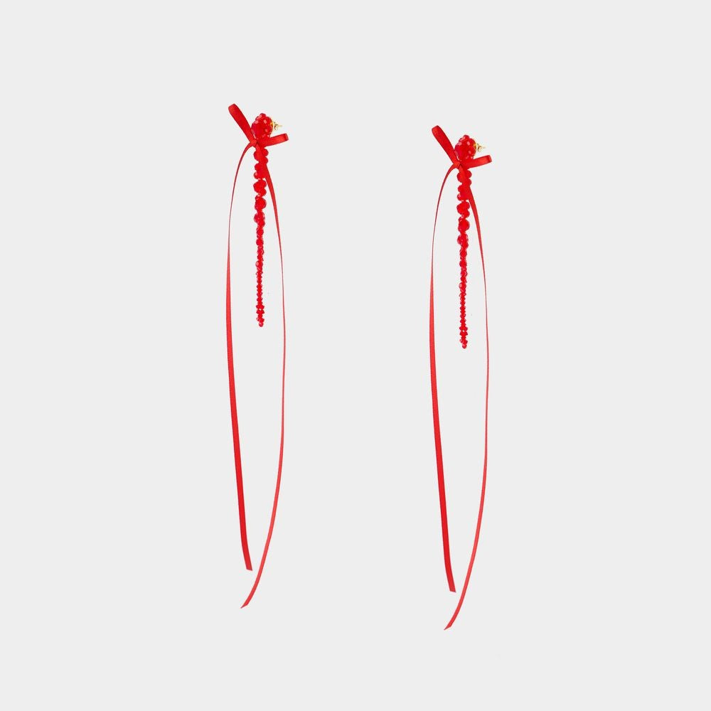 Simone Rocha Slim Bow Ribbon Drip Earrings - Crystal - Red