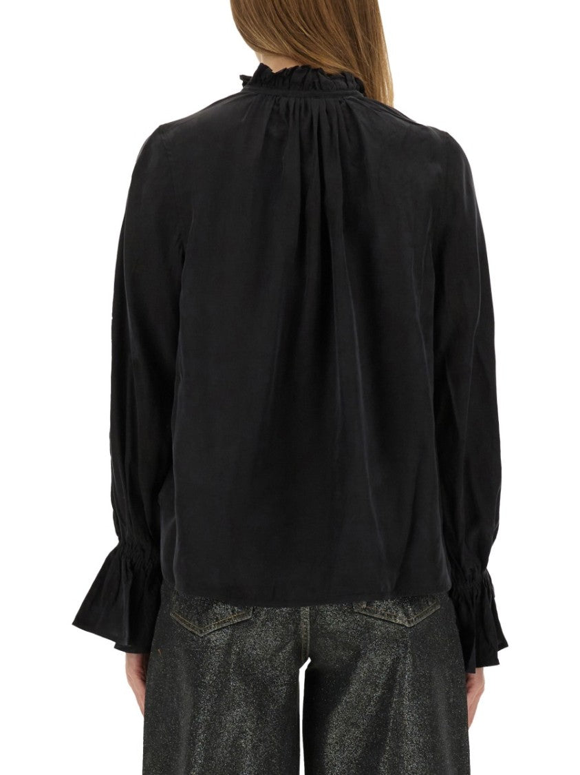 Ganni Black Fluid Cupro Shirt With Ruffled Collar
