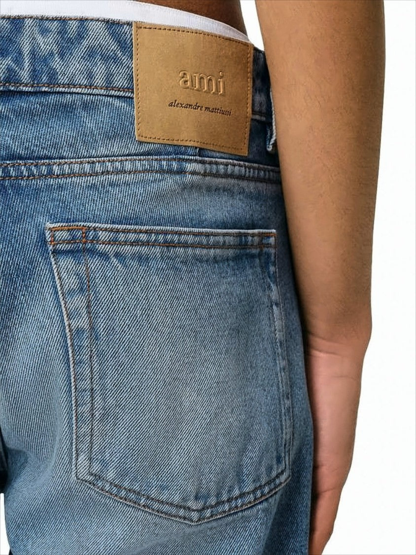 Ami Medium Blue Straight-Leg Denim Pants With Five-Pocket Design