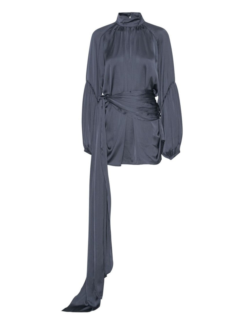 Rotate High-Neck Gray Mini Dress With Volume Sleeves