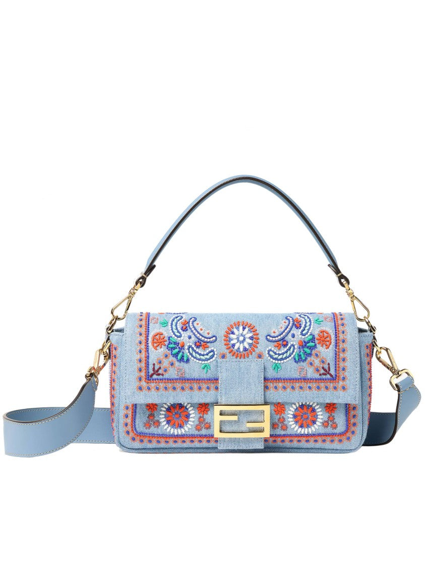 Fendi Rectangular Denim Baguette Bag With Floral Embroidery And Gold Accents