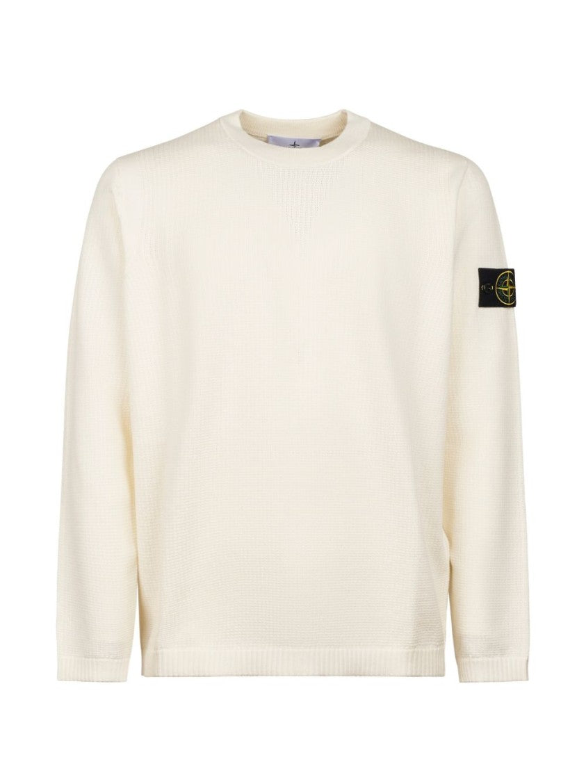Stone Island Ivory Ribbed Knit Sweater With Purl-Stitch Accents