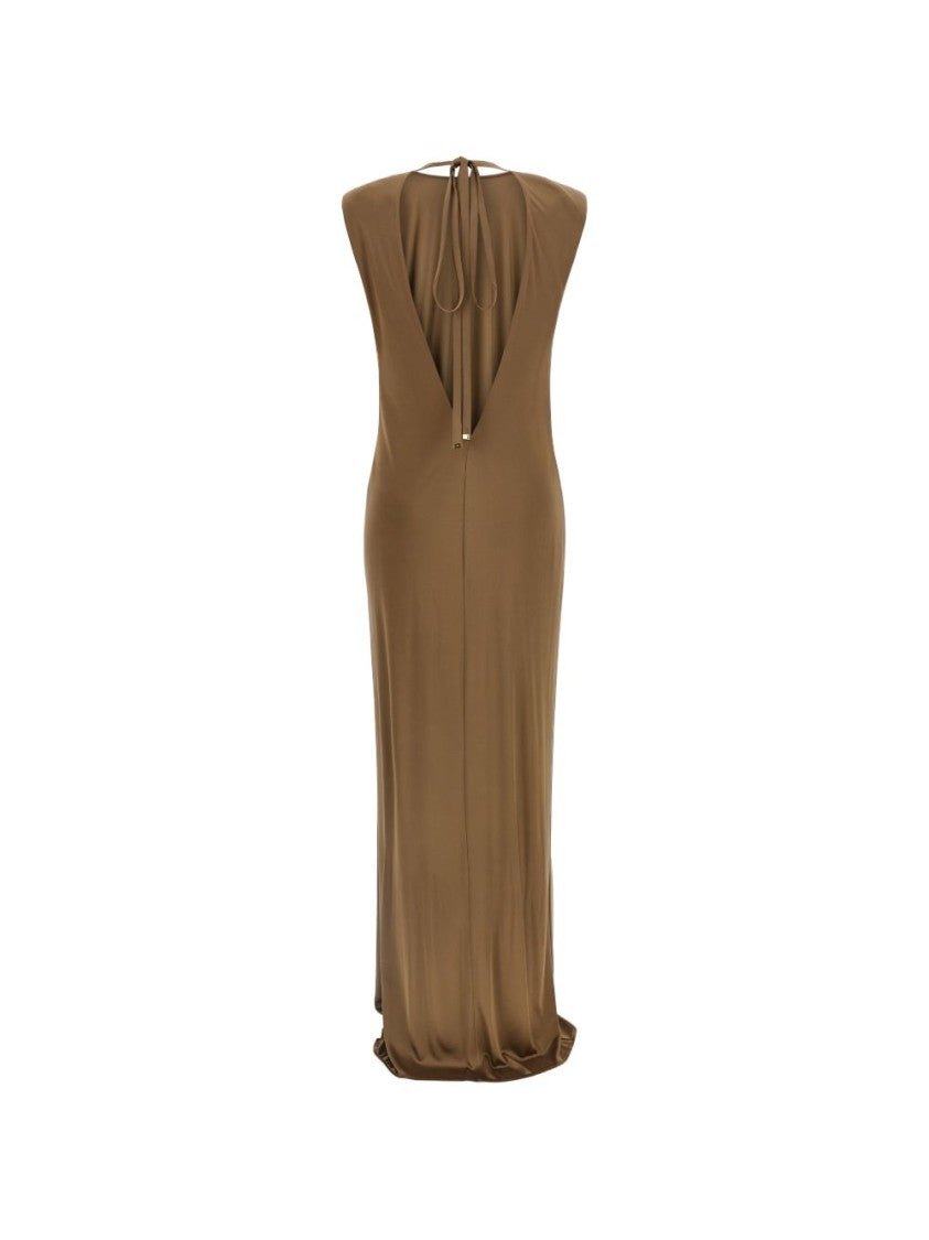 Elisabetta Franchi Draped Midi Dress With Padded Shoulders And Crescent Detail