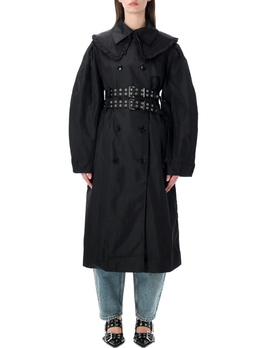 Ganni Structured Duchesse Nylon Trench Coat With Ruffled Collar