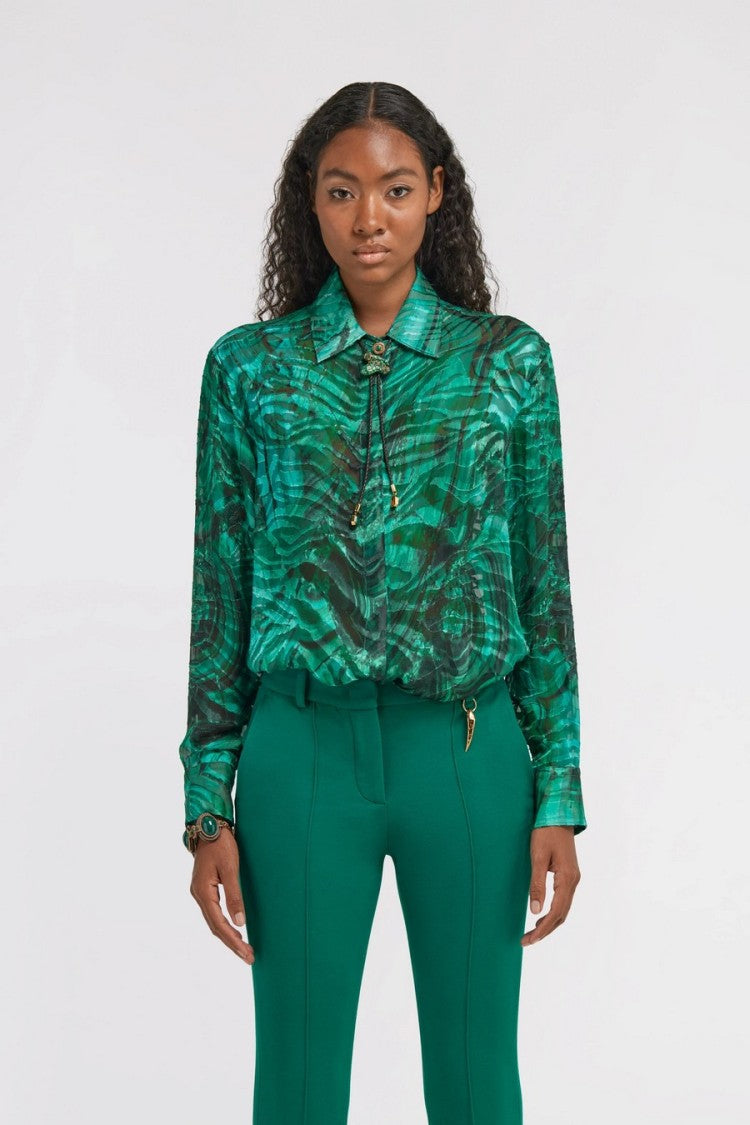 Roberto Cavalli Green Viscose-Silk Abstract-Print Shirt