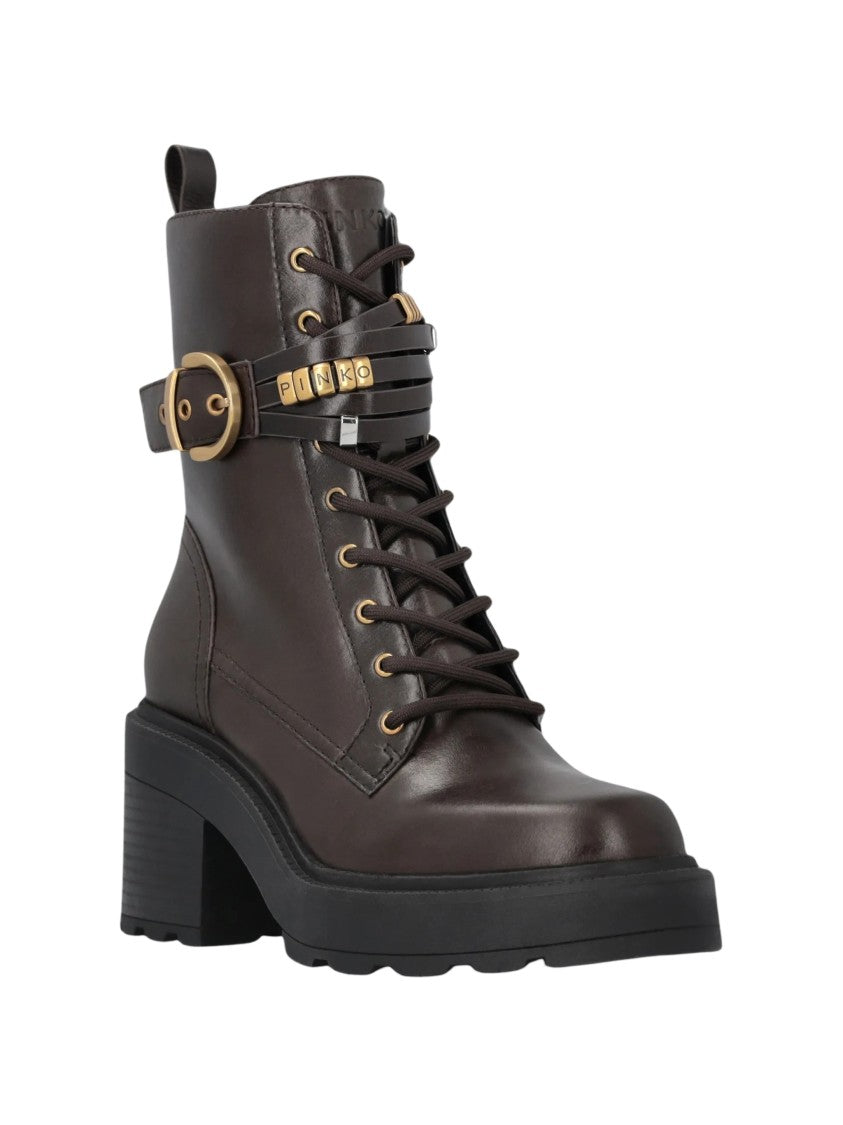 Pinko Deep Brown Leather Ankle Boots With Gold-Tone Accents
