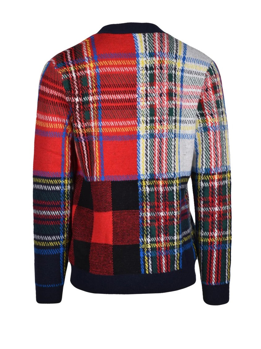 Mc2 Saint Barth Red Patchwork Plaid Wool-Blend Cardigan