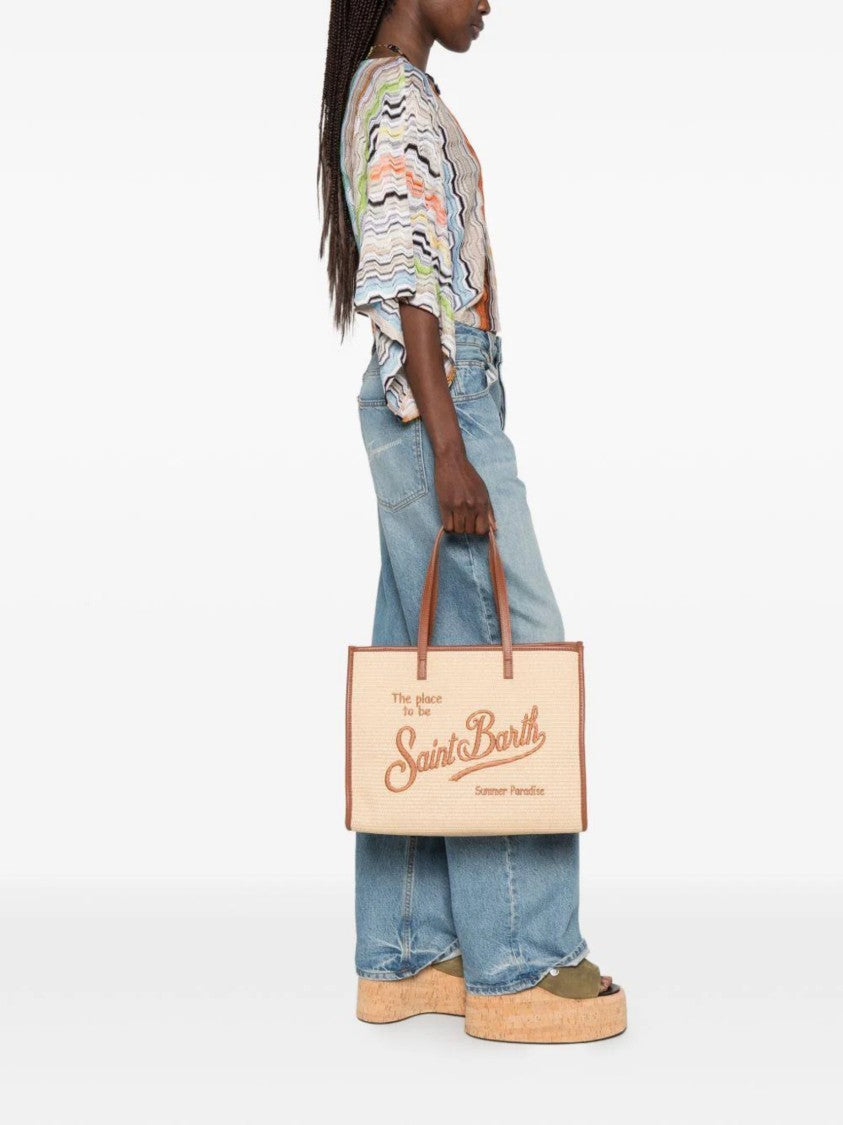 Mc2 Saint Barth Rectangular Woven Tote Bag With Embroidered Text