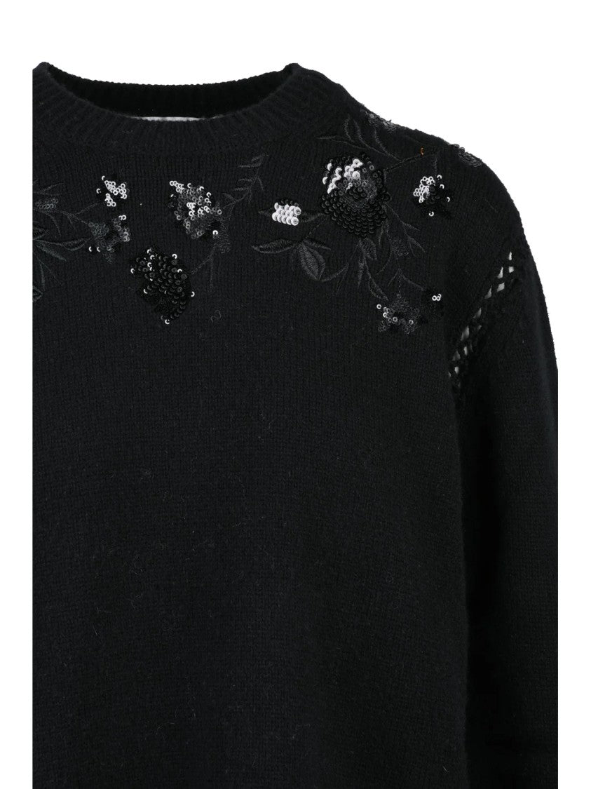 Ermanno Firenze Black Embroidered Viscose-Blend Crewneck Sweater