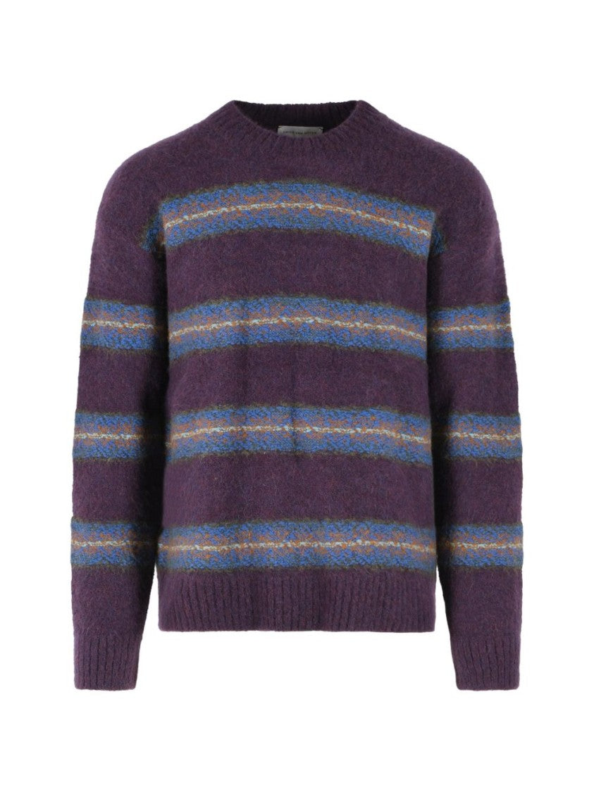 Dries Van Noten Horizontal Stripe Knit Sweater With Classic Crew Neckline