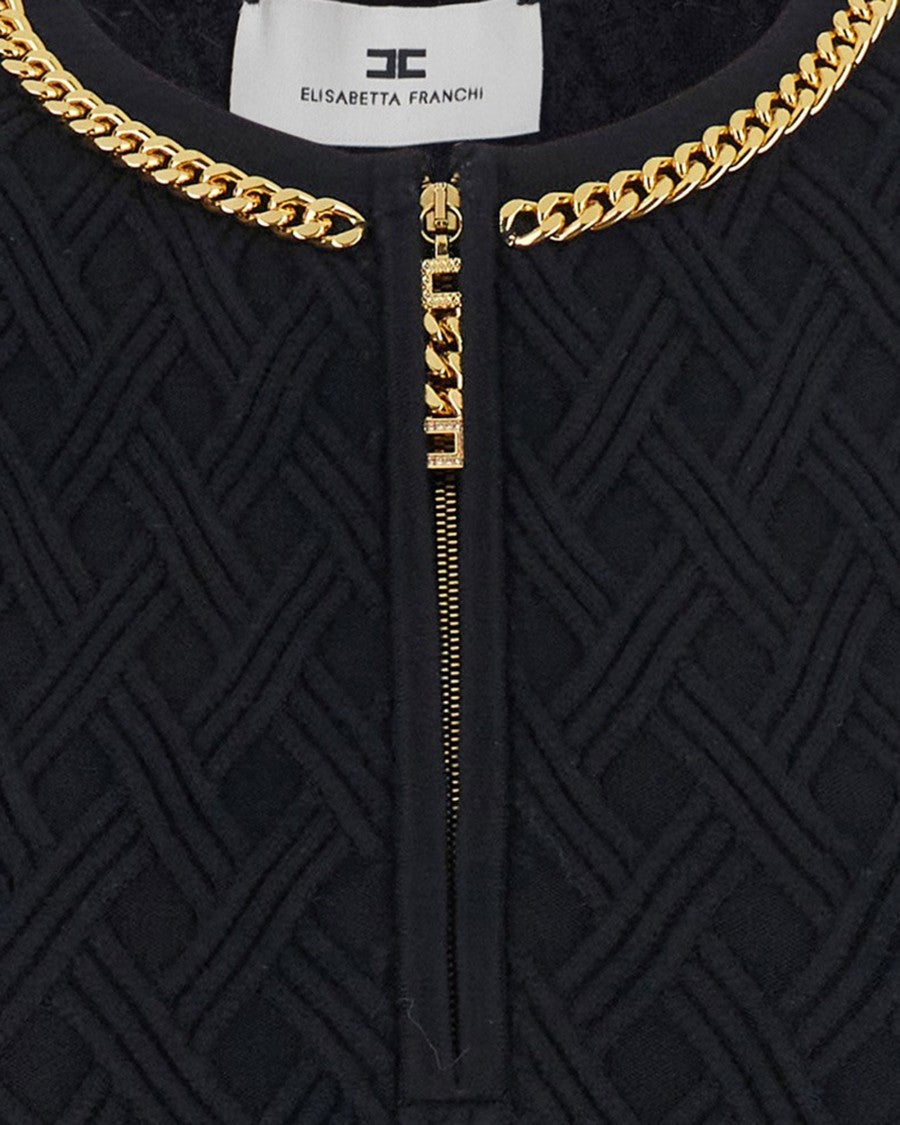 Elisabetta Franchi Black Diamond Knit Mini Dress With Jewel Detail