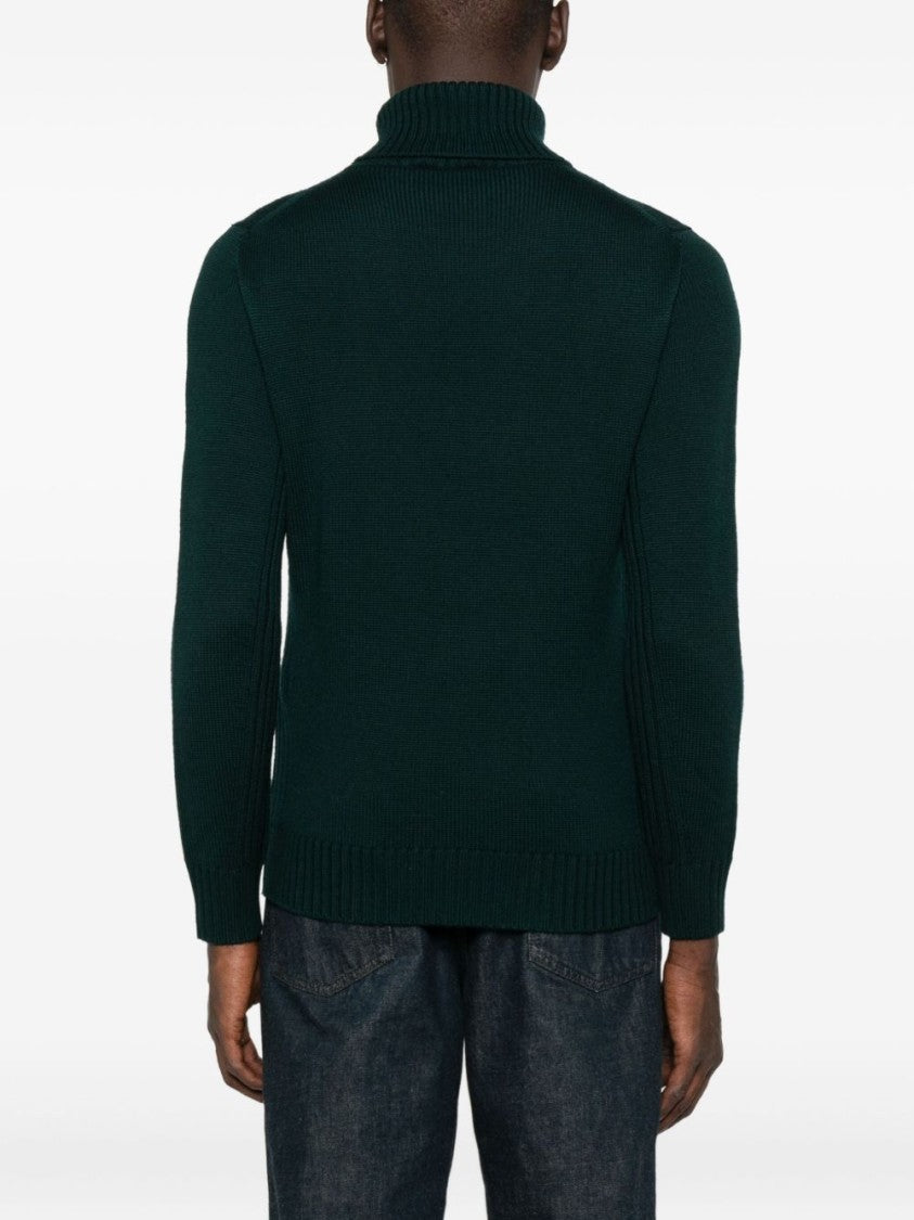 Kangra Deep Green Turtleneck Sweater With Ribbed Textures