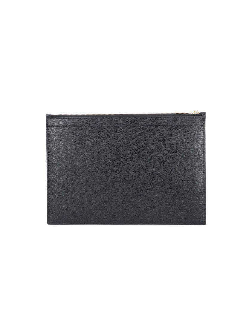 Thom Browne Rectangular Black Leather Pouch With Gold Zipper