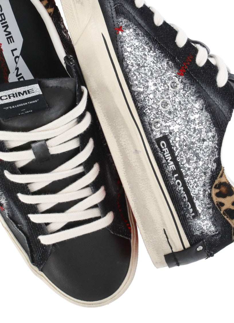 Crime London Black Deconstructed Denim Glitter Leather Sneakers