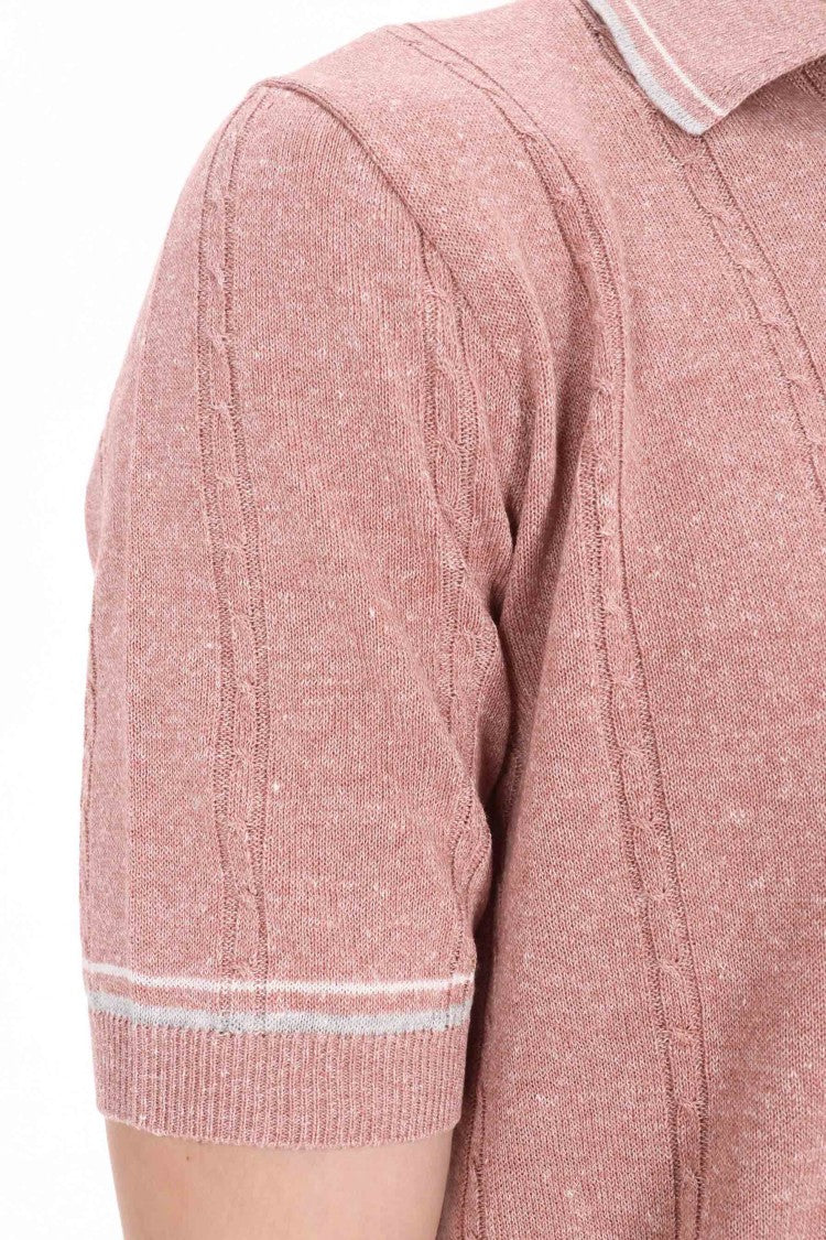 Eleventy Dusty Pink Cable-Knit Linen-Cotton Polo Shirt