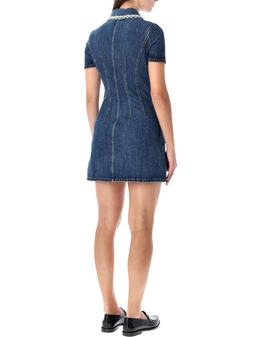 Self-Portrait Denim Mini Dress With Crystal-Embellished Collar