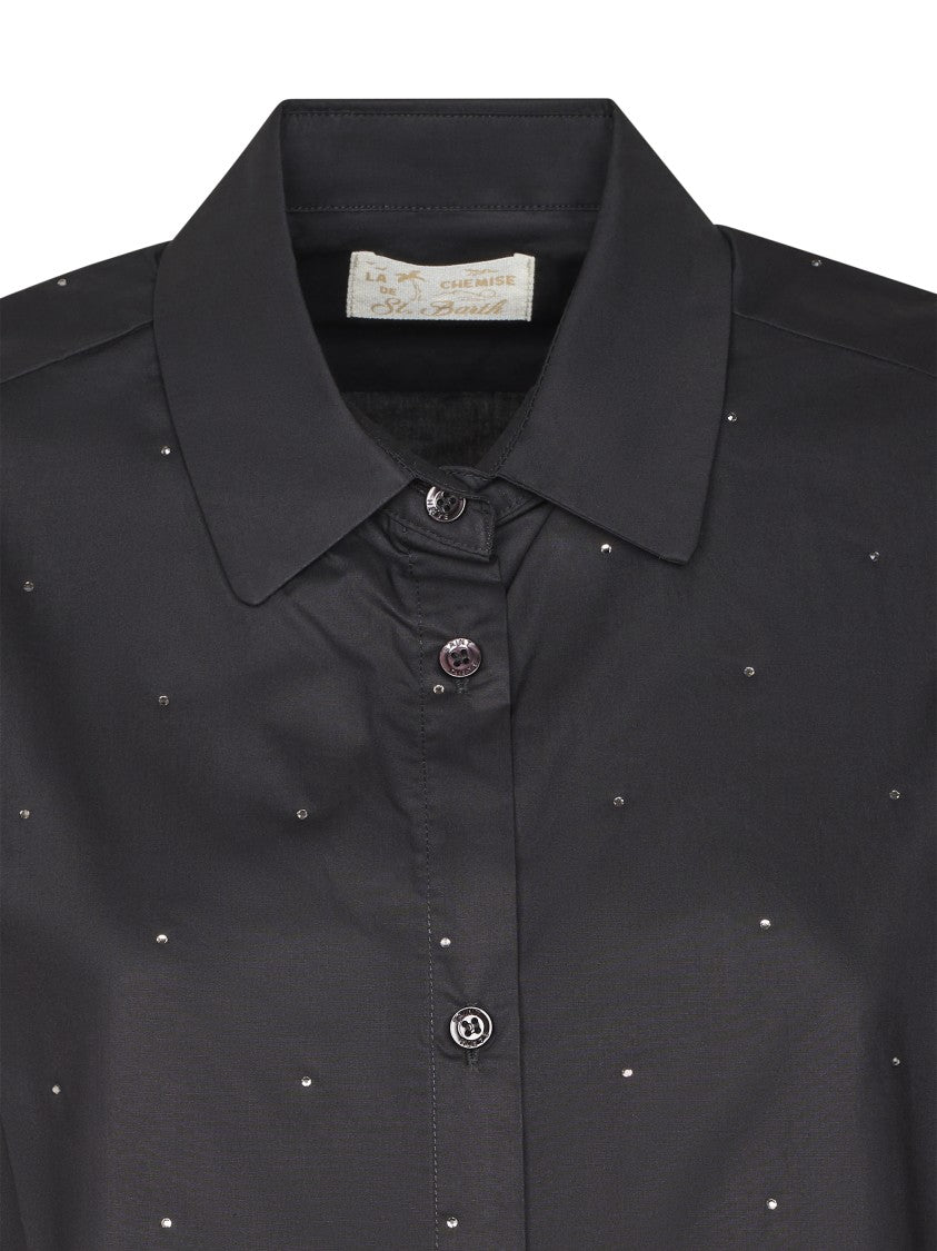 Mc2 Saint Barth Classic Black Button-Down Shirt With Strass Embellishments