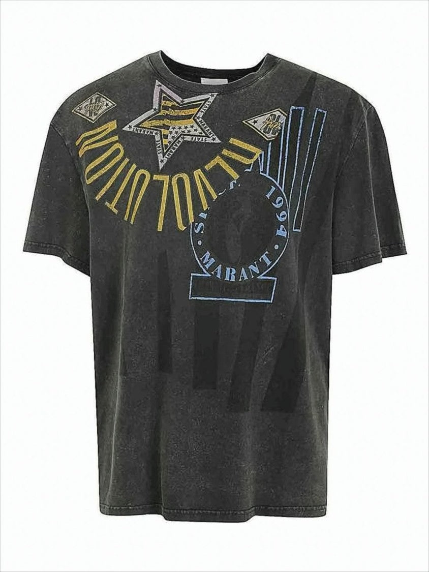 Isabel Marant Washed Black Graphic Print T-Shirt With Colorful Motifs
