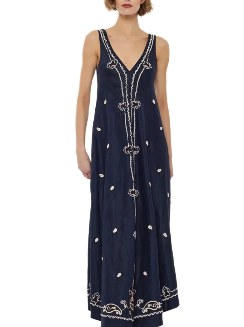 Parosh Sleeveless Blue Maxi Dress With Ethnic Embroidery